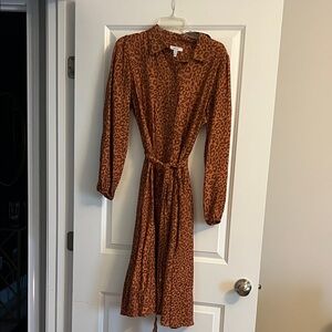 Nine West Brown Leopard Print Long Sleeve Dress